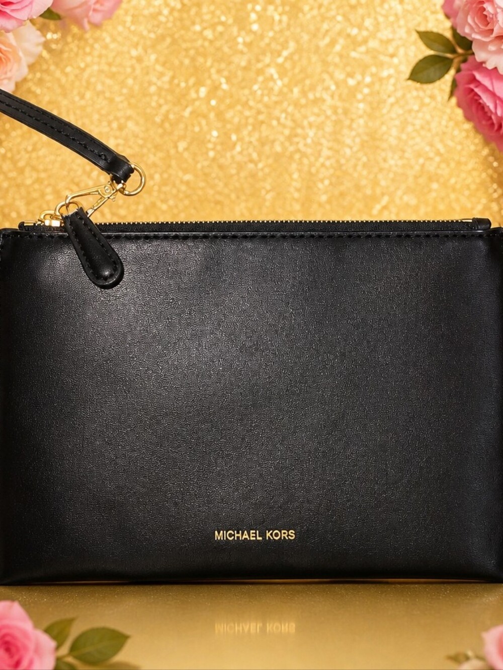 Michael Kors Black Leather Wristlet with Gold Hardware